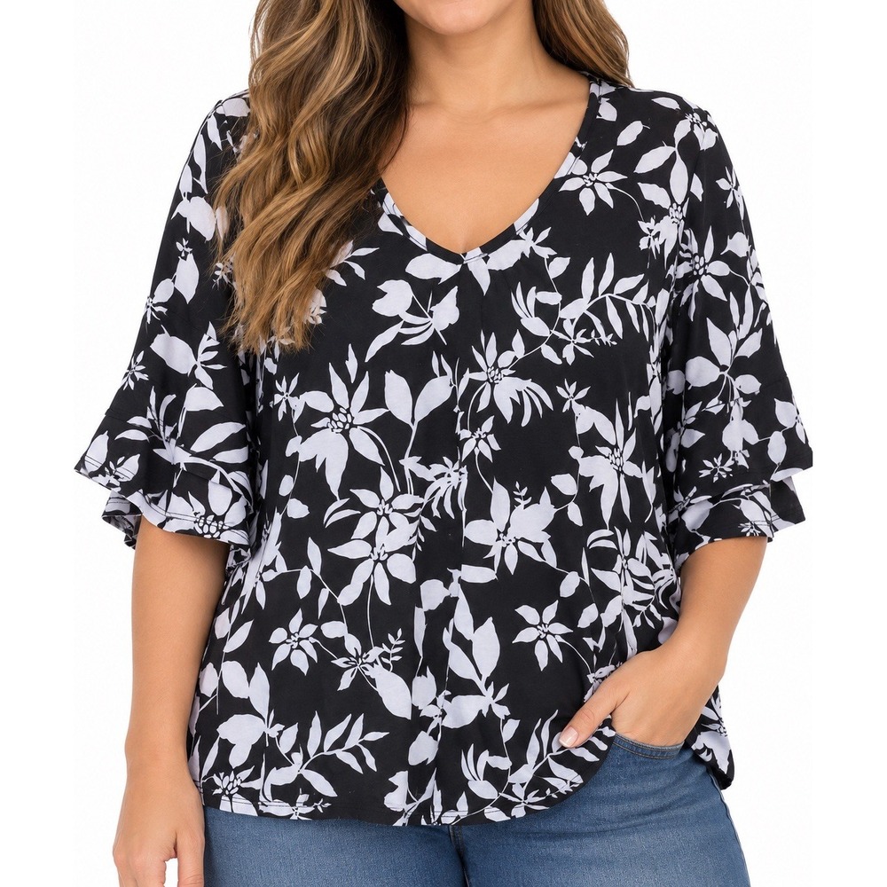 Woman Within Plus Size 18W 20W Black Floral Ruffle Sleeve Blouse Top 18 /20